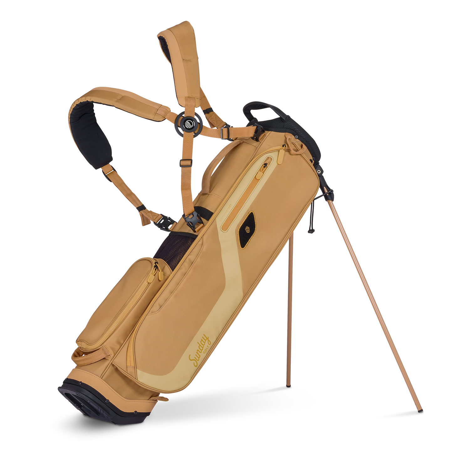 A full front shot of standing El Camino golf bag in clay thompson with double strap
