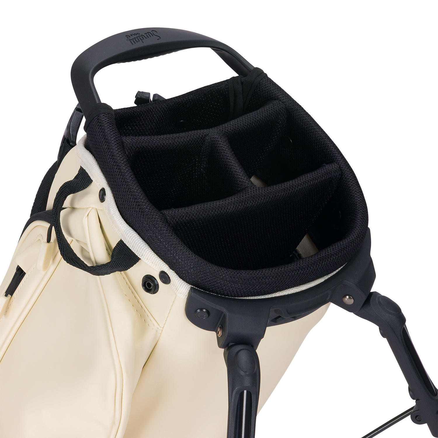 A close up top view of a Cream El Camino S-class golf bag's 4 way divider  
