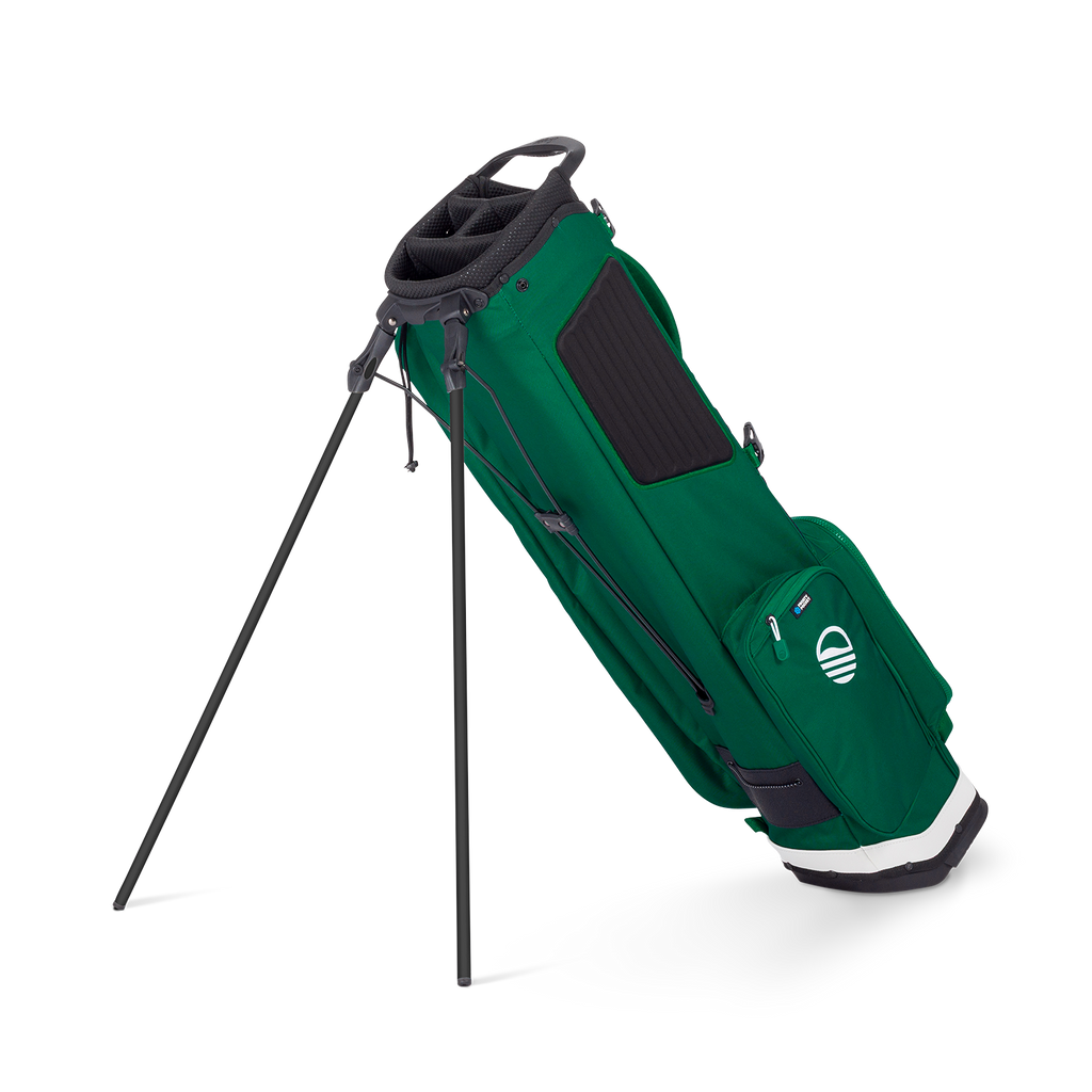 Green golf bag with a white logo on a white background