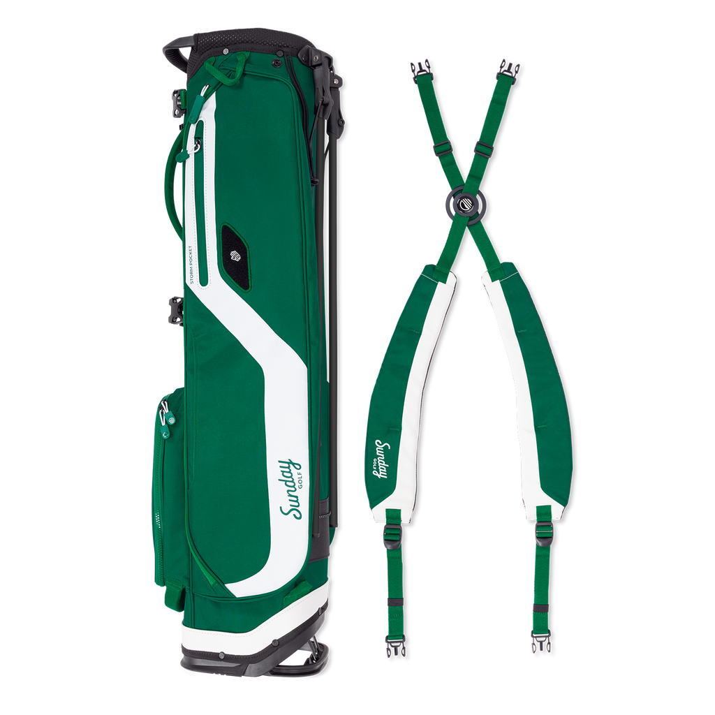 Green and white golf bag with strap on a white background