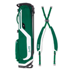 Green and white golf bag with strap on a white background