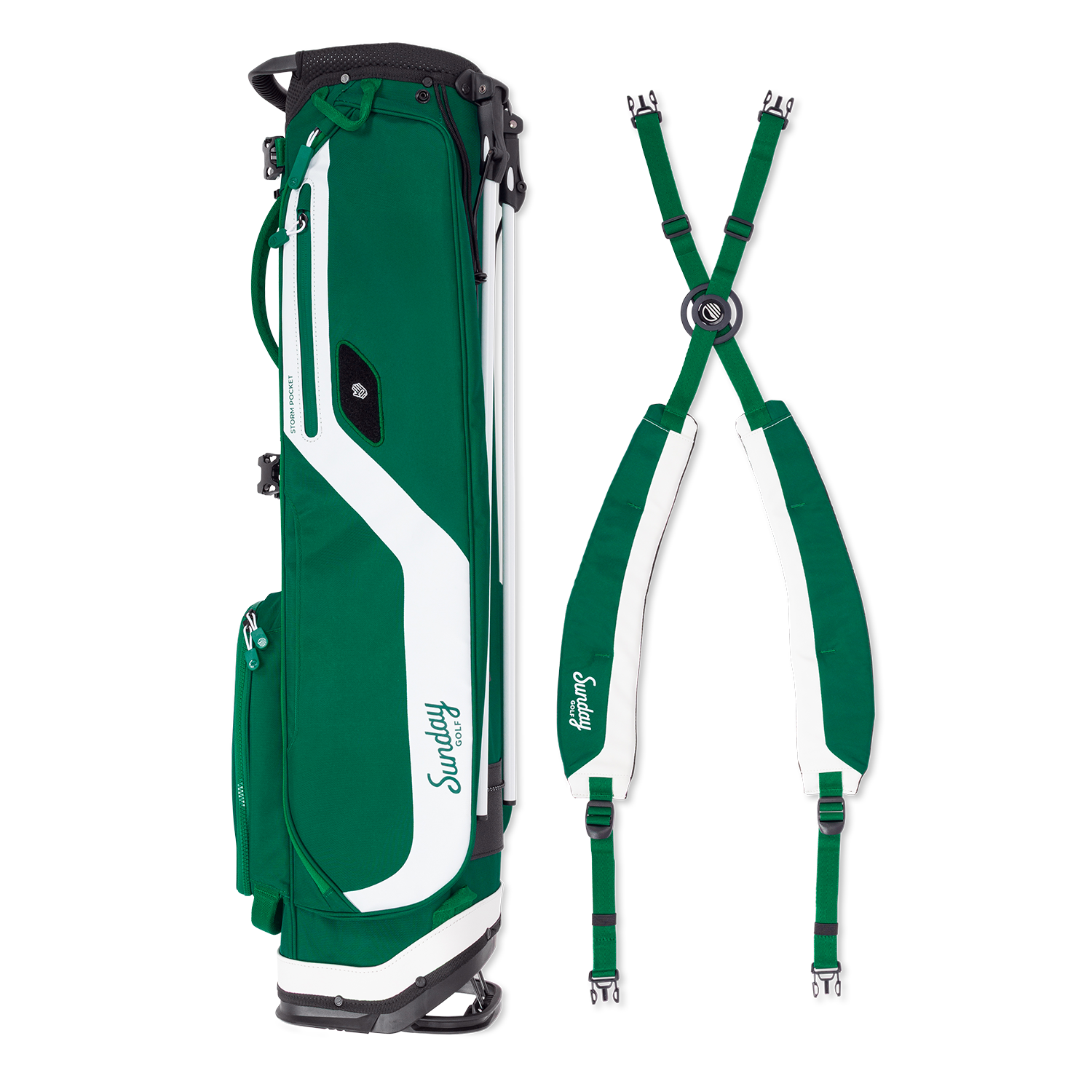 A full shot of El Camino golf bag in evergreen laying flat sideways beside its double strap 

