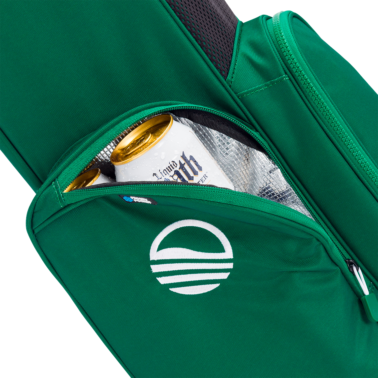 A close up shot of evergreen El Camino golf bag's insulated pocket with a canned drink inside
