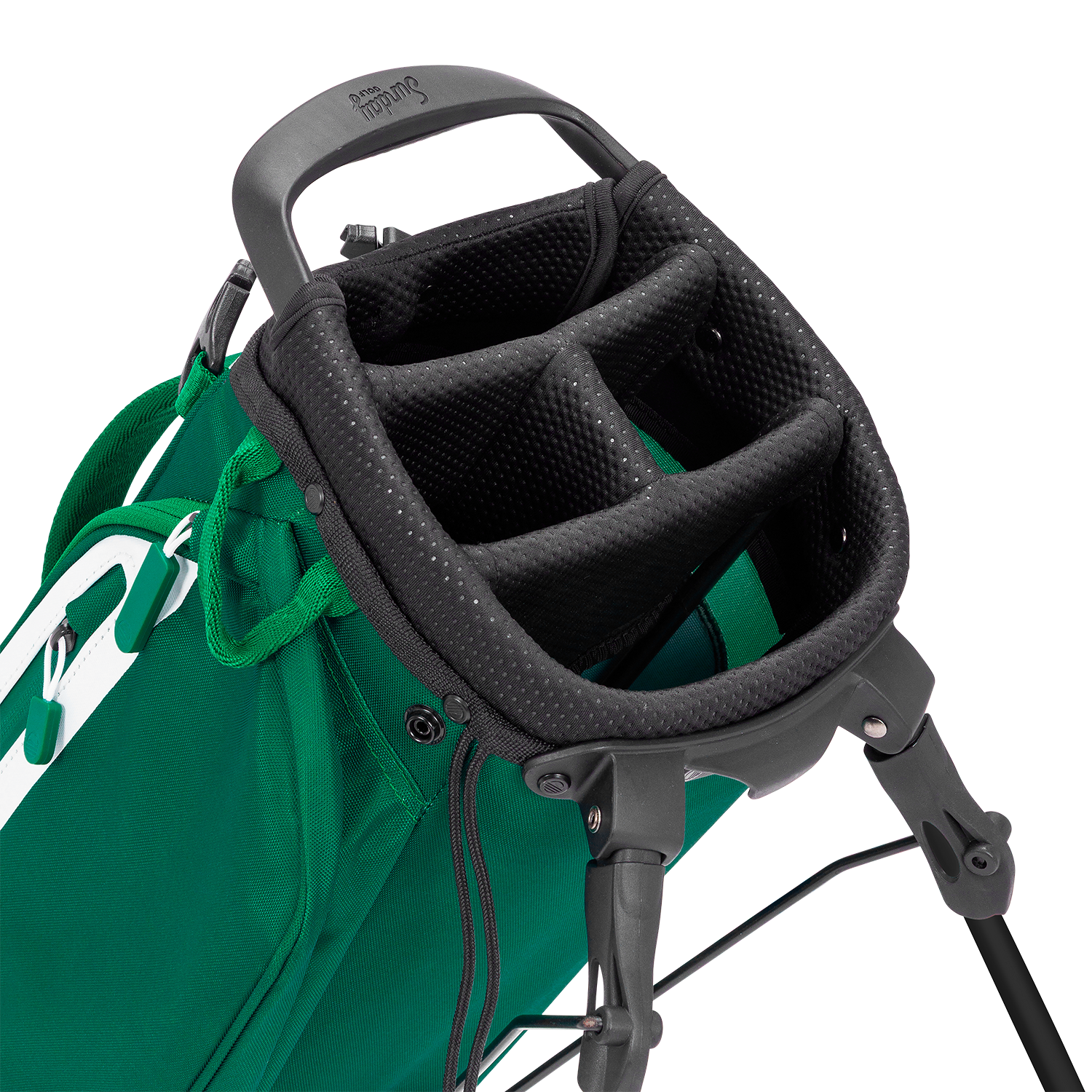 Close-up of a green golf bag with a black stand on a white background