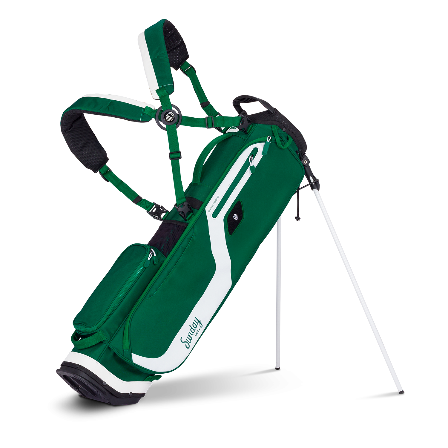 A full front shot of standing El Camino golf bag in evergreen with double strap
