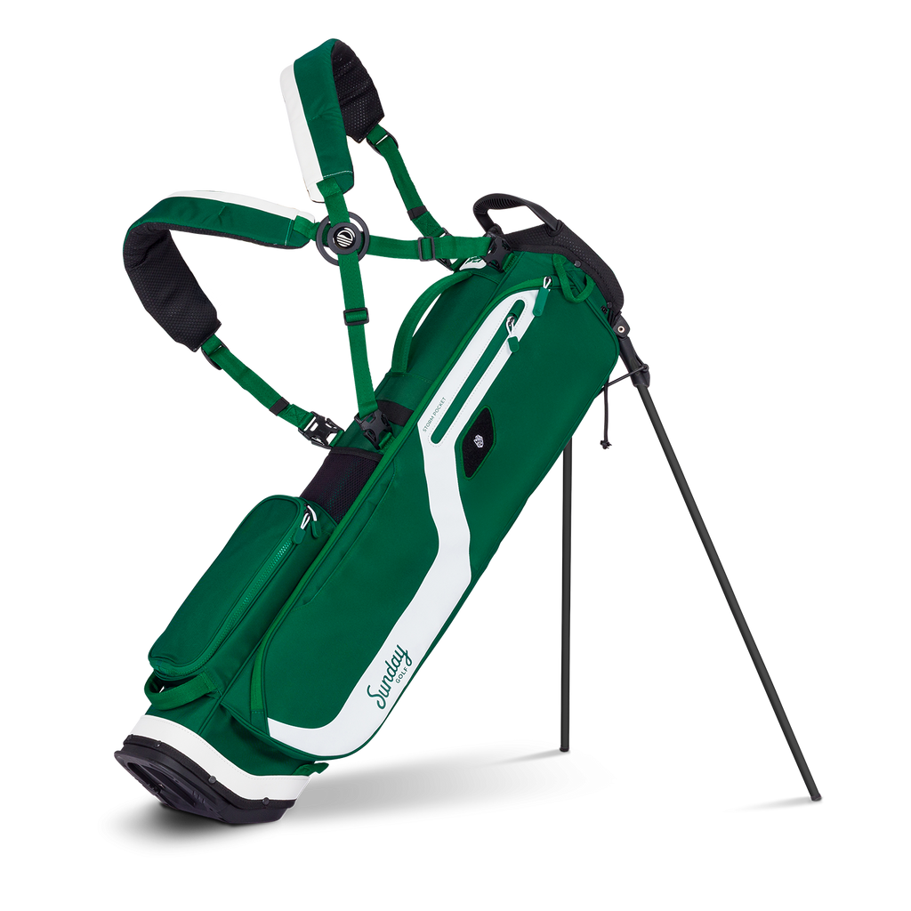 Green golf bag with white accents on a white background