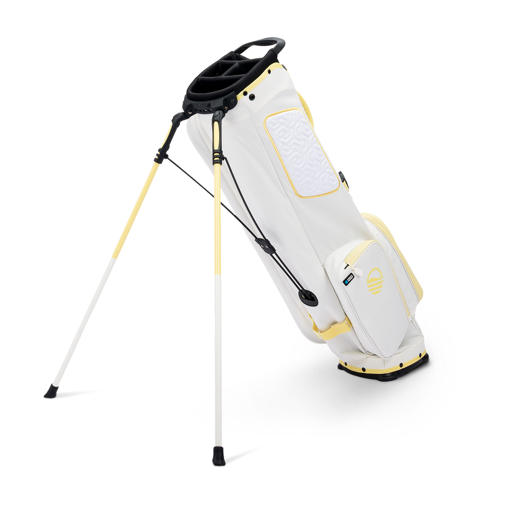 A full shot of standing El Camino golf bag in mindy lemon facing backward