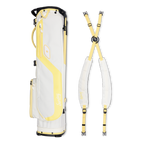 A full shot of El Camino golf bag in mindy lemon laying flat sideways beside its matching double strap