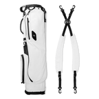 El Camino S-Class golf bag in white vegan leather laying sideways flat beside a double strap