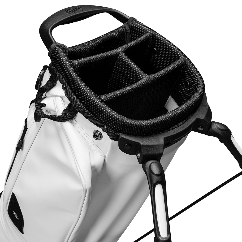 A close up top view shot of El Camino S-Class golf bag's 4-way divider in white vegan leather material