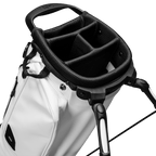 A close up top view shot of El Camino S-Class golf bag's 4-way divider in white vegan leather material