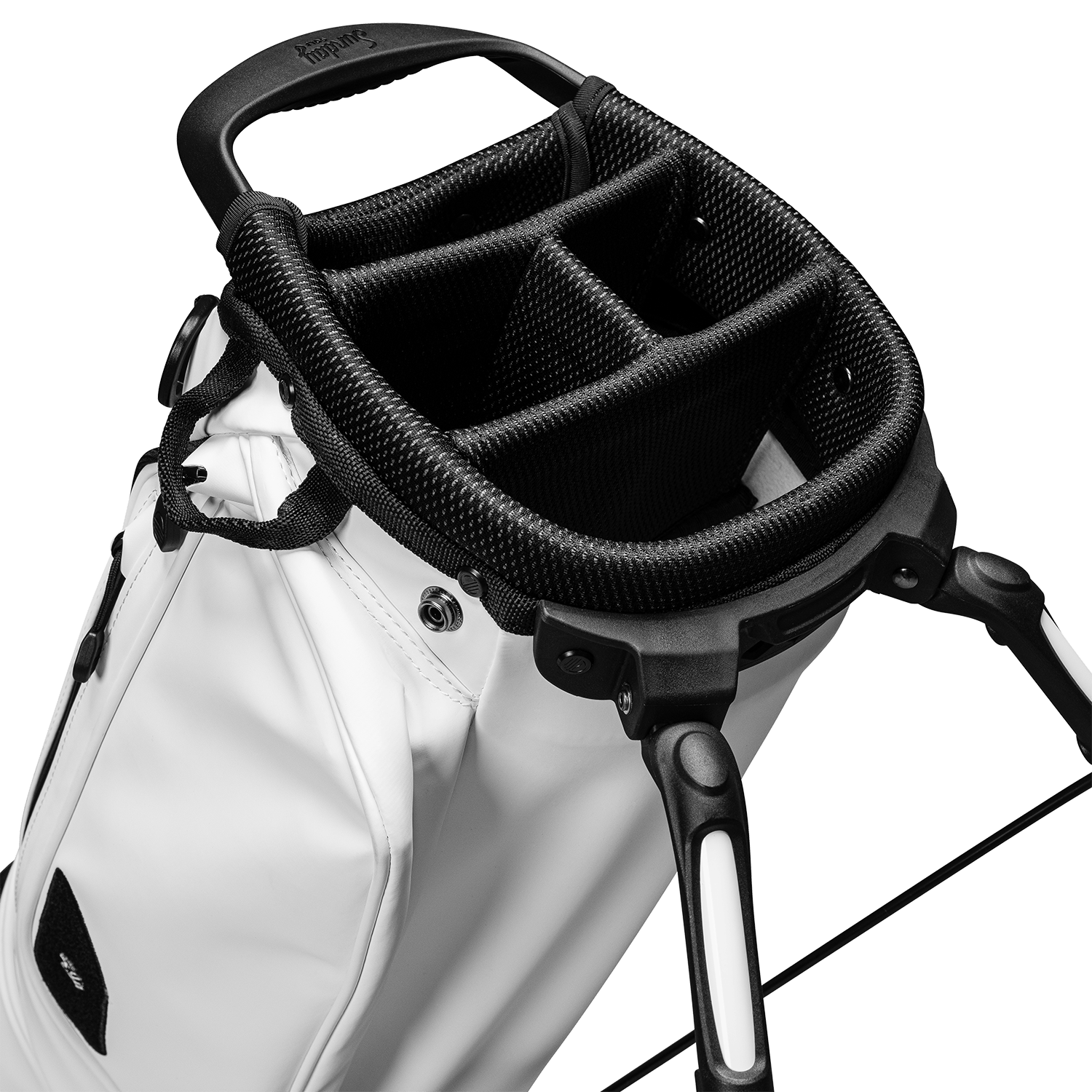 A close up top view shot of El Camino S-Class golf bag's 4-way divider in white vegan leather material