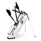 A full shot of standing El Camino S-Class golf bag in white vegan leather with floating double straps