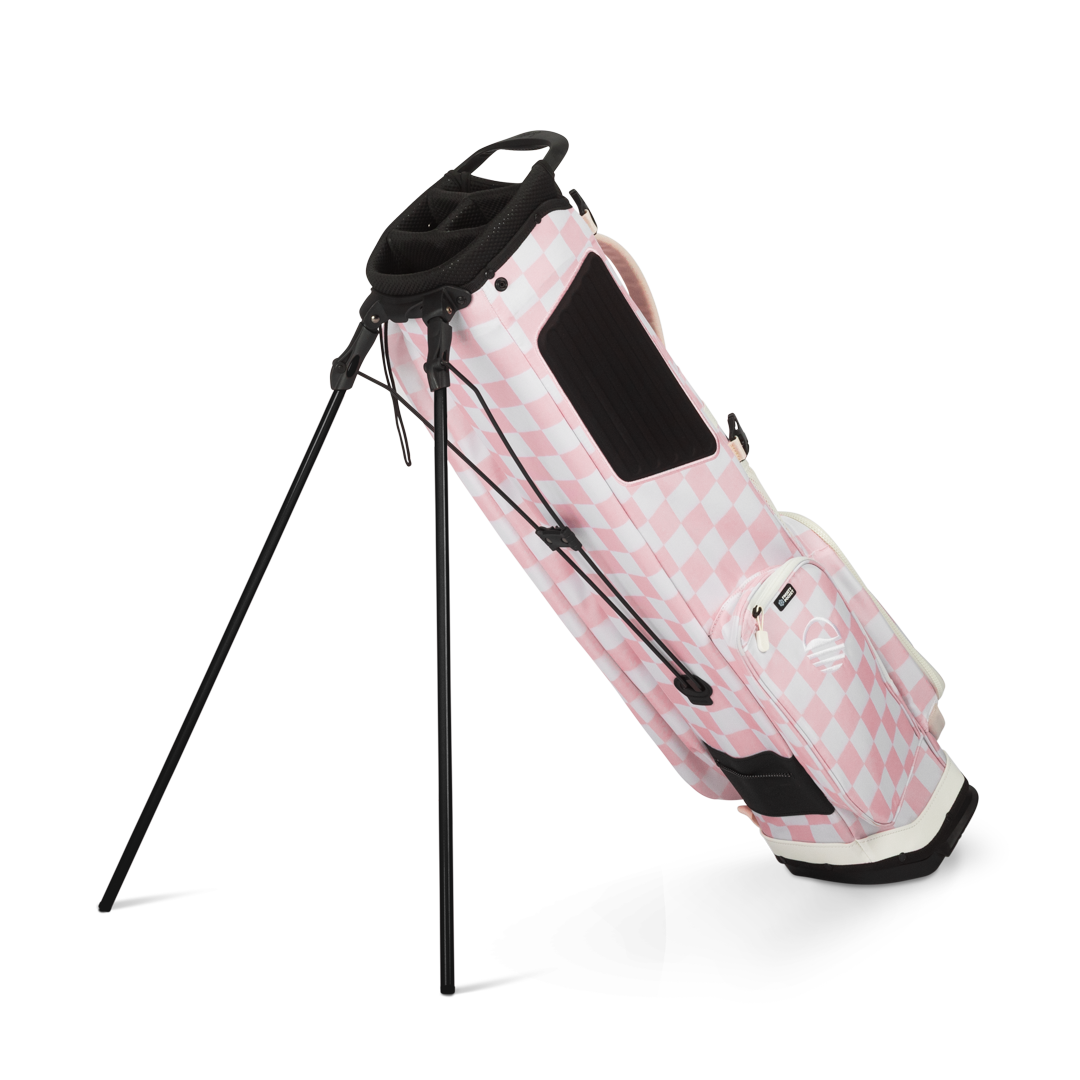A full shot of El Camino golf bag in Pink/White Checker facing backward 
