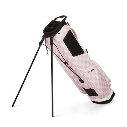A full shot of El Camino golf bag in Pink/White Checker facing backward 

