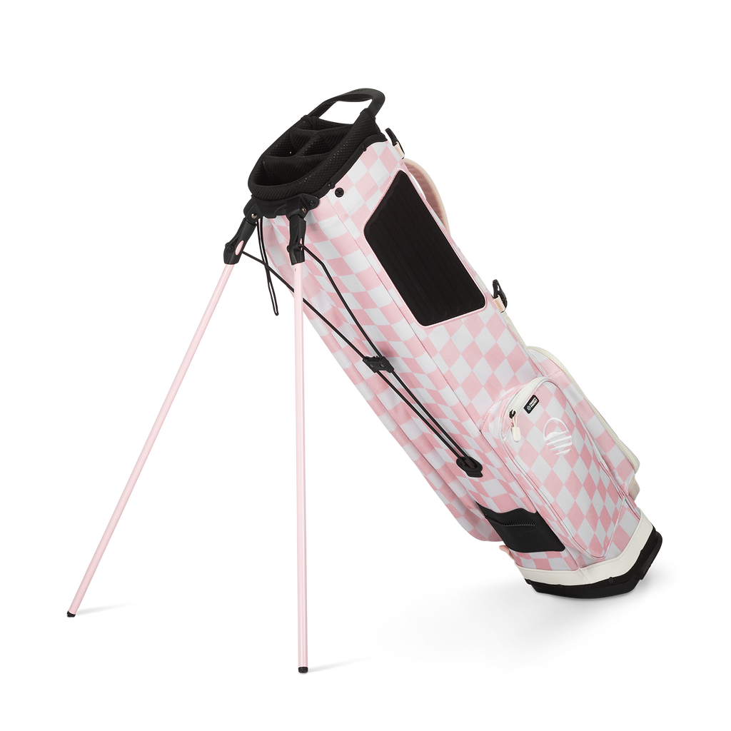 A full shot of El Camino golf bag in Pink/White Checker facing backward 
