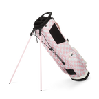 A full shot of El Camino golf bag in Pink/White Checker facing backward 
