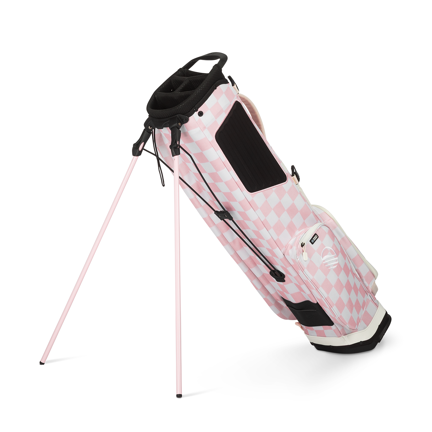 A full shot of El Camino golf bag in Pink/White Checker facing backward 
