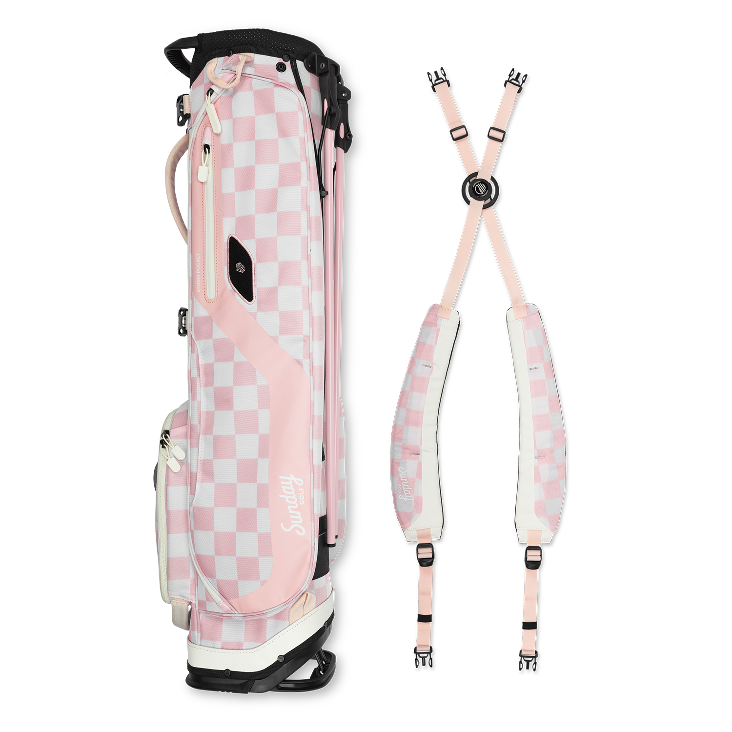 A full shot of El Camino golf bag in Pink/White Checker laying flat sideways beside its double strap 
