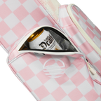A close up shot of Pink/White Checker El Camino golf bag's insulated pocket with a canned drink inside
