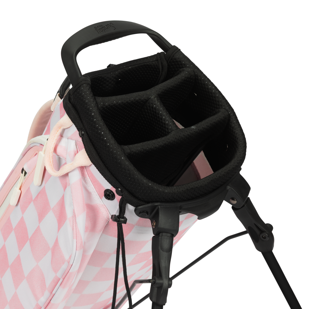 A close up top view of a Pink/White Checker El Camino golf bag's 4 way divider  
