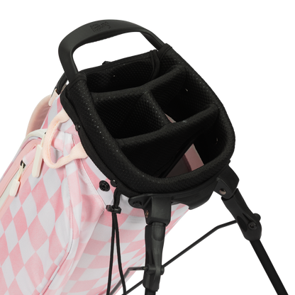 A close up top view of a Pink/White Checker El Camino golf bag's 4 way divider  

