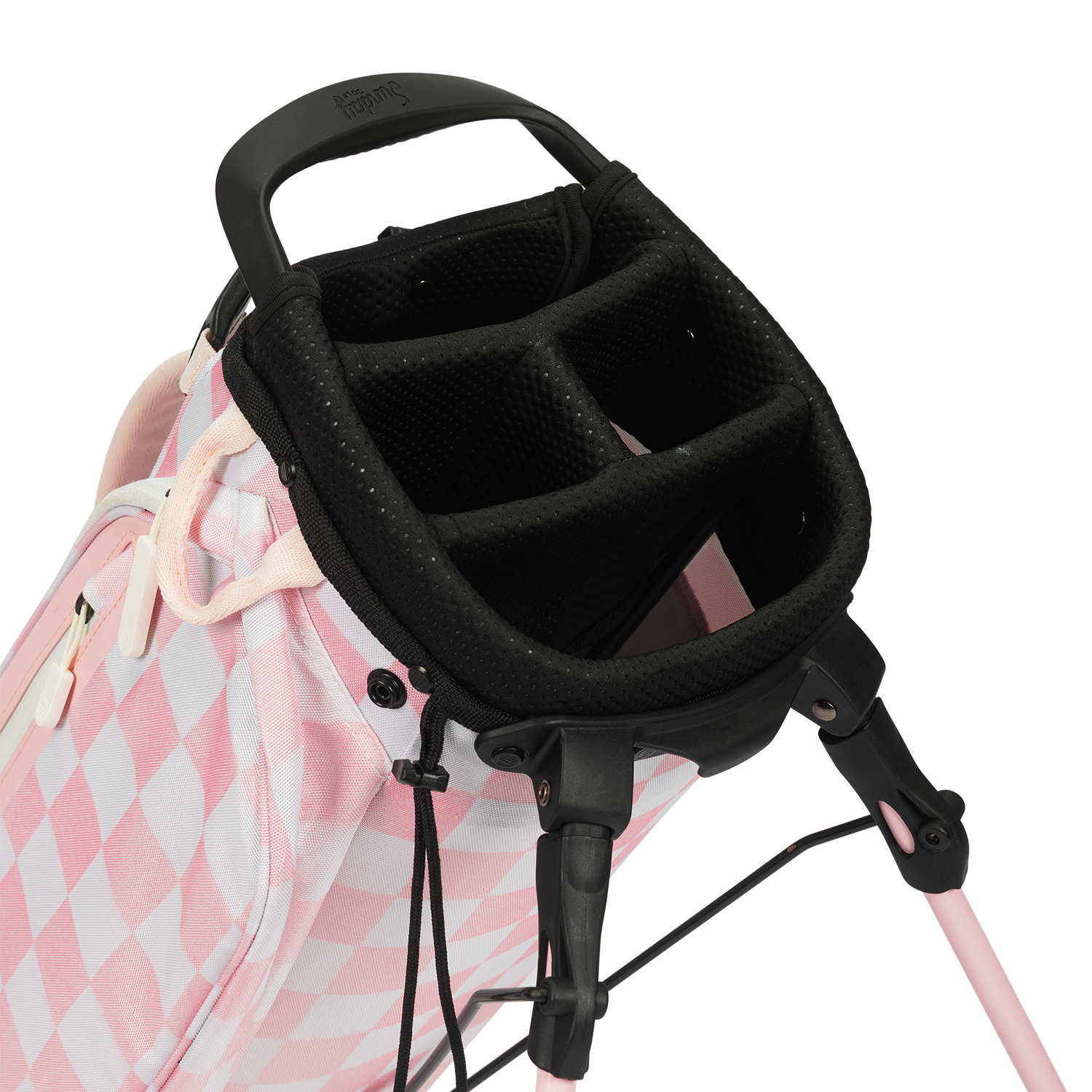 A close up top view of a Pink/White Checker El Camino golf bag's 4 way divider  
