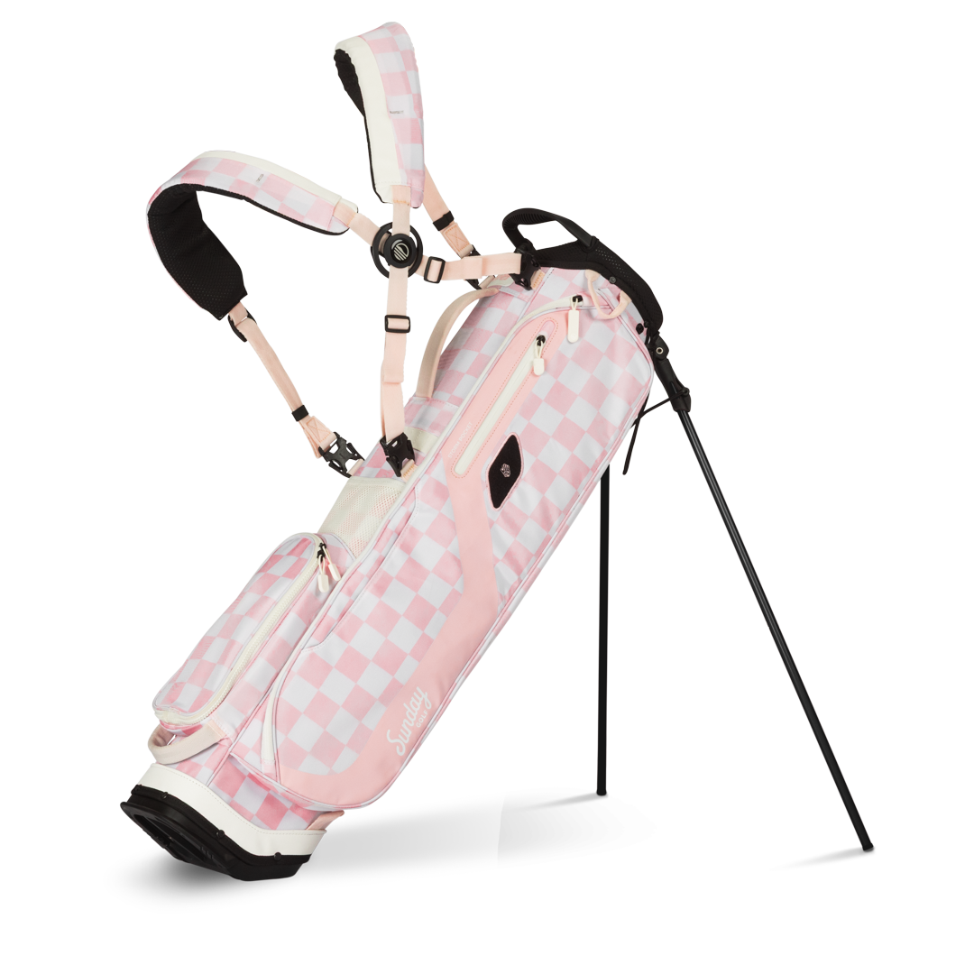 A full front shot of standing El Camino golf bag in Pink/White Checker with double strap
