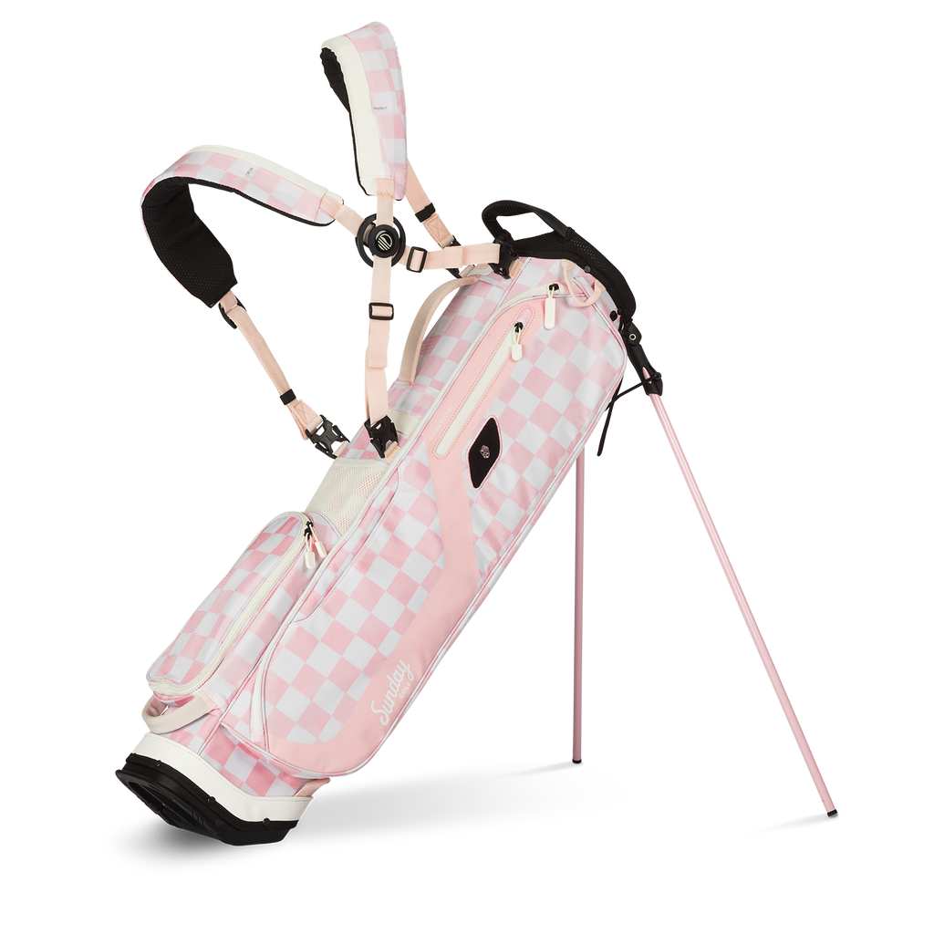 A full front shot of standing El Camino golf bag in Pink/White Checker with double strap
