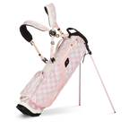 A full front shot of standing El Camino golf bag in Pink/White Checker with double strap
