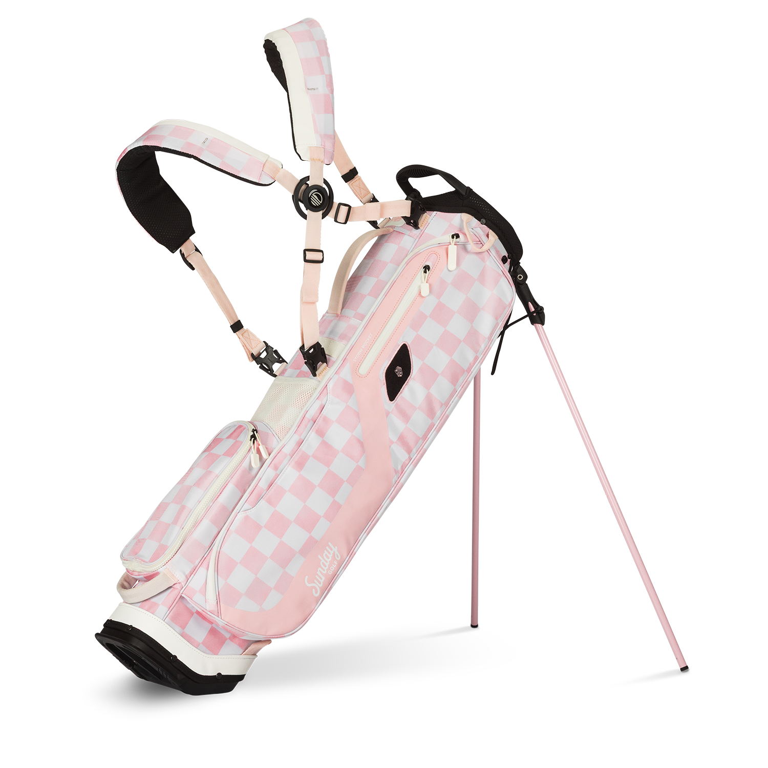 A full front shot of standing El Camino golf bag in Pink/White Checker with double strap
