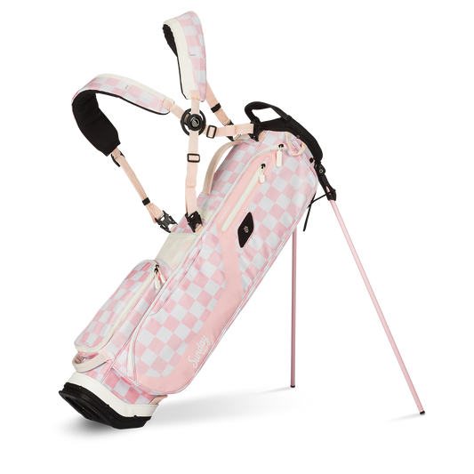 A full front shot of standing El Camino golf bag in Pink/White Checker with double strap
