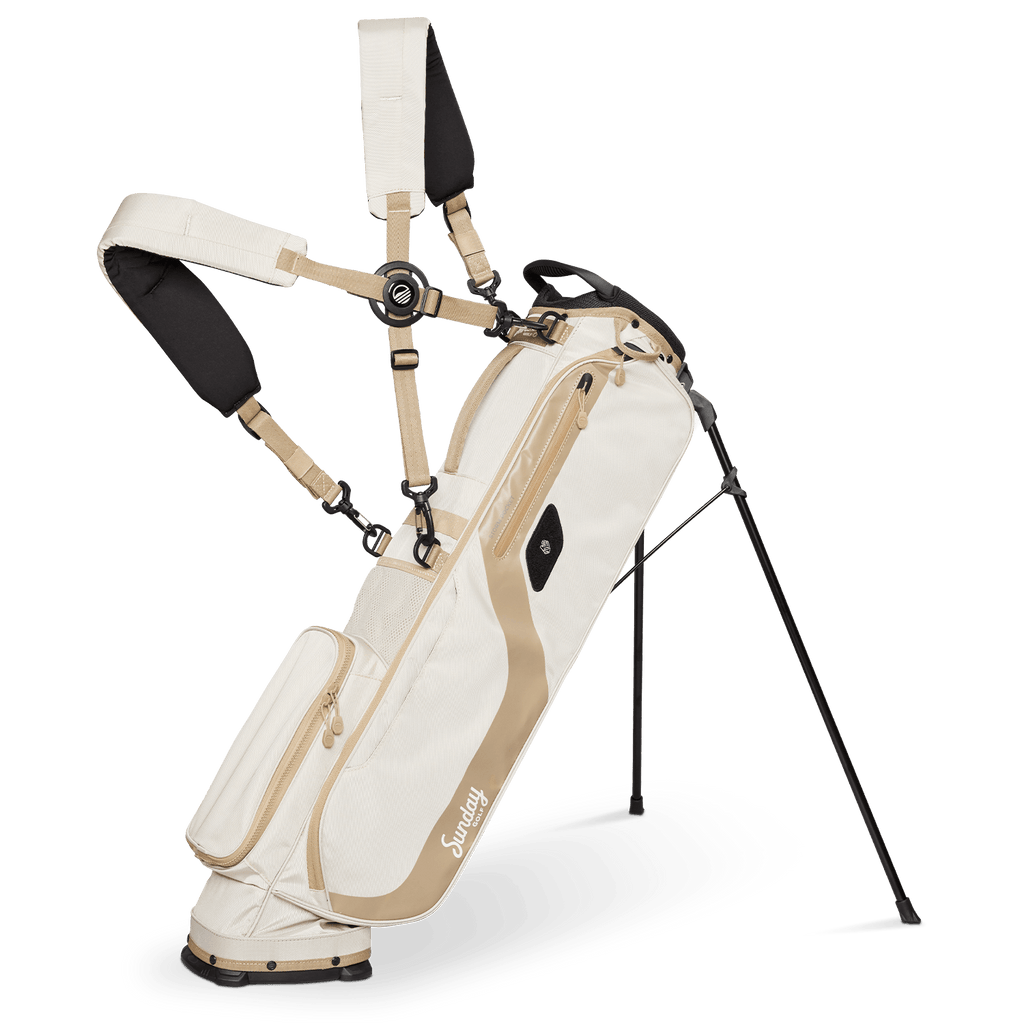 A full front shot of standing El Camino golf bag in toasted almond with double strap