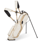 A full front shot of standing El Camino golf bag in toasted almond with double strap