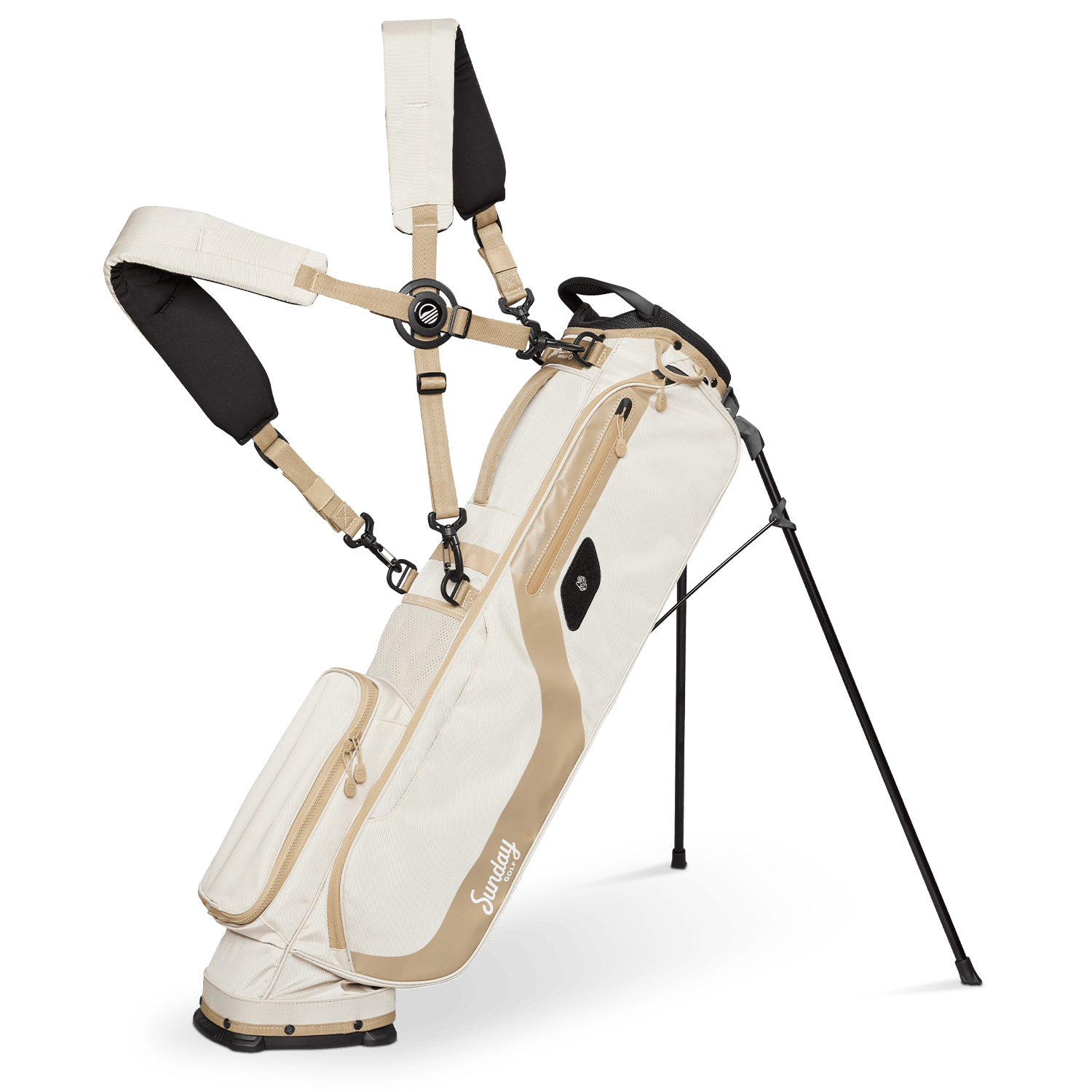 A full front shot of standing El Camino golf bag in toasted almond with double strap