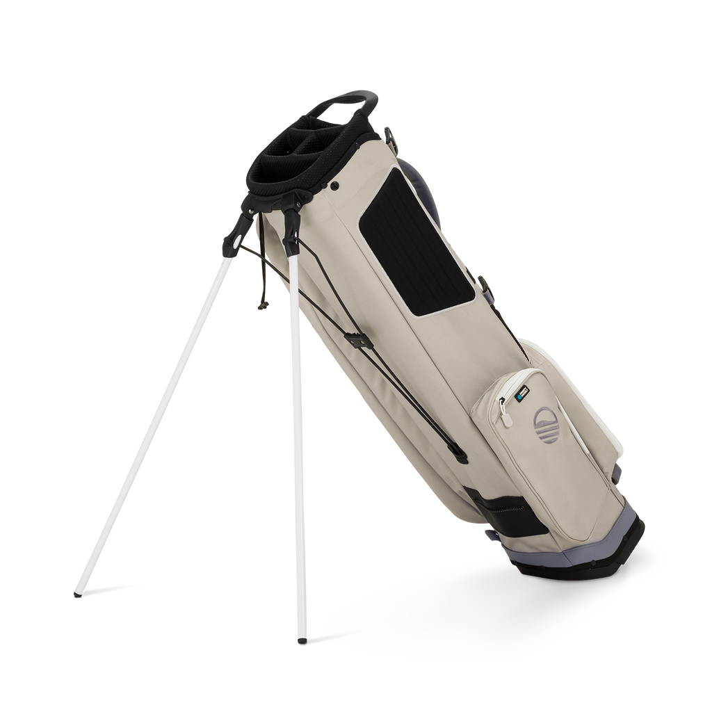 A full shot of El Camino golf bag in Cool Gray facing backward 
