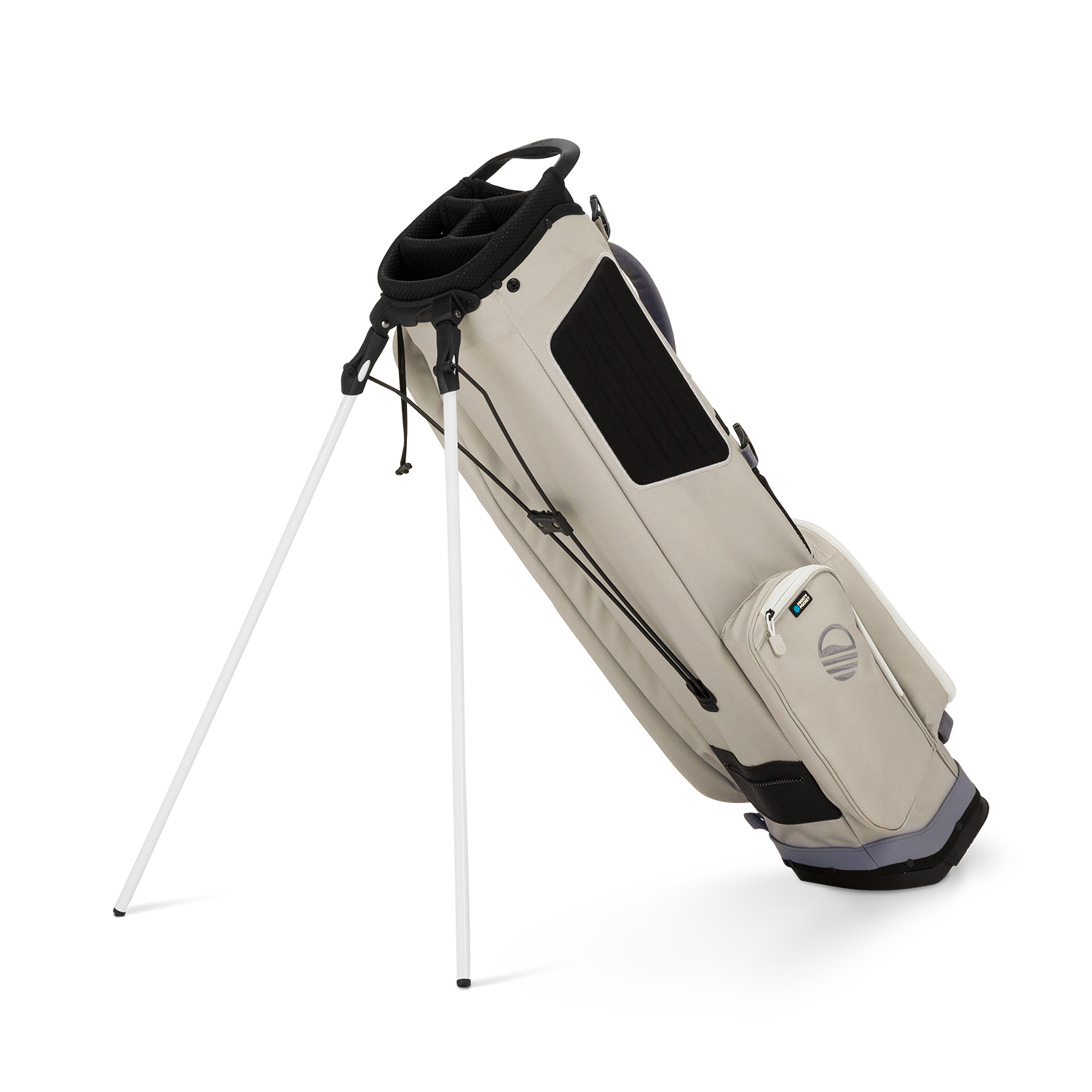 A full shot of El Camino golf bag in Cool Gray facing backward 
