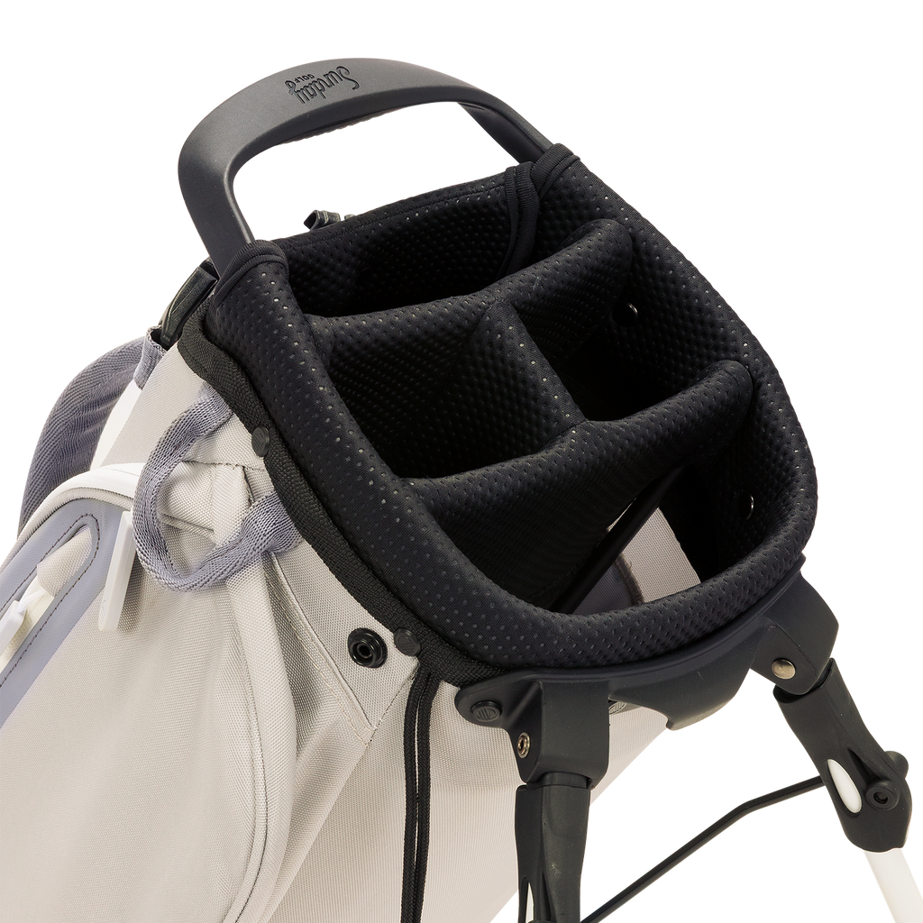 A close up top view of a Cool Gray El Camino golf bag's 4 way divider  
