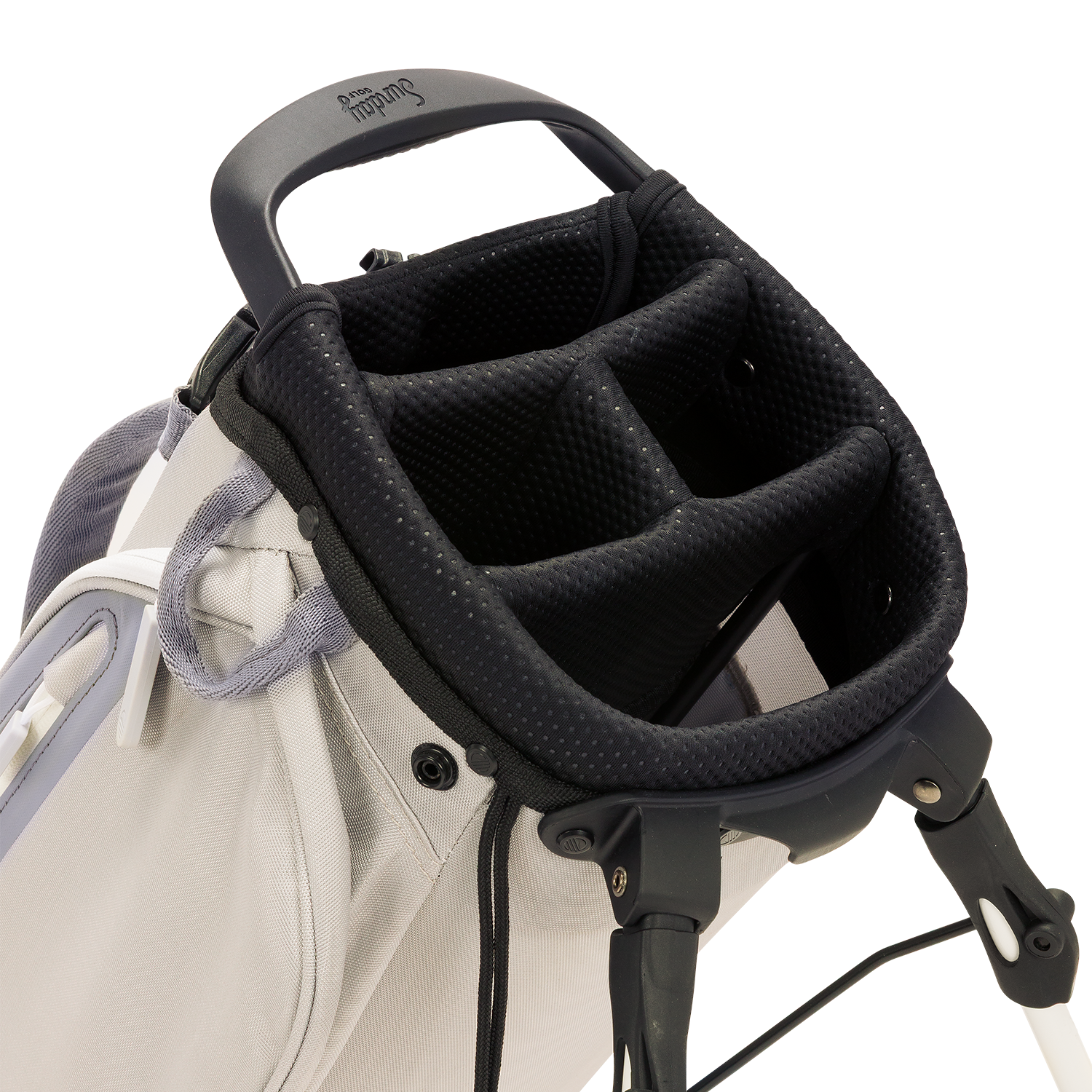 A close up top view of a Cool Gray El Camino golf bag's 4 way divider  

