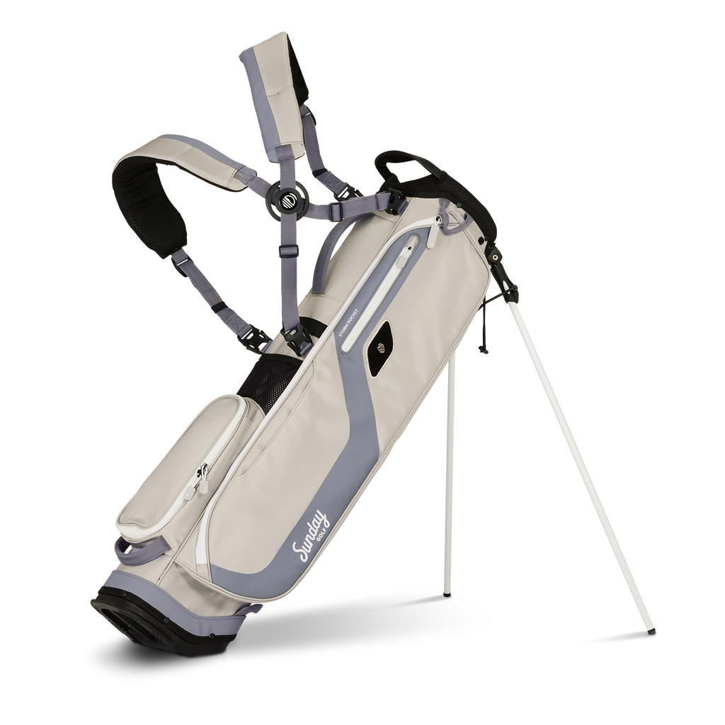 A full front shot of standing El Camino golf bag in Cool Gray with double strap
