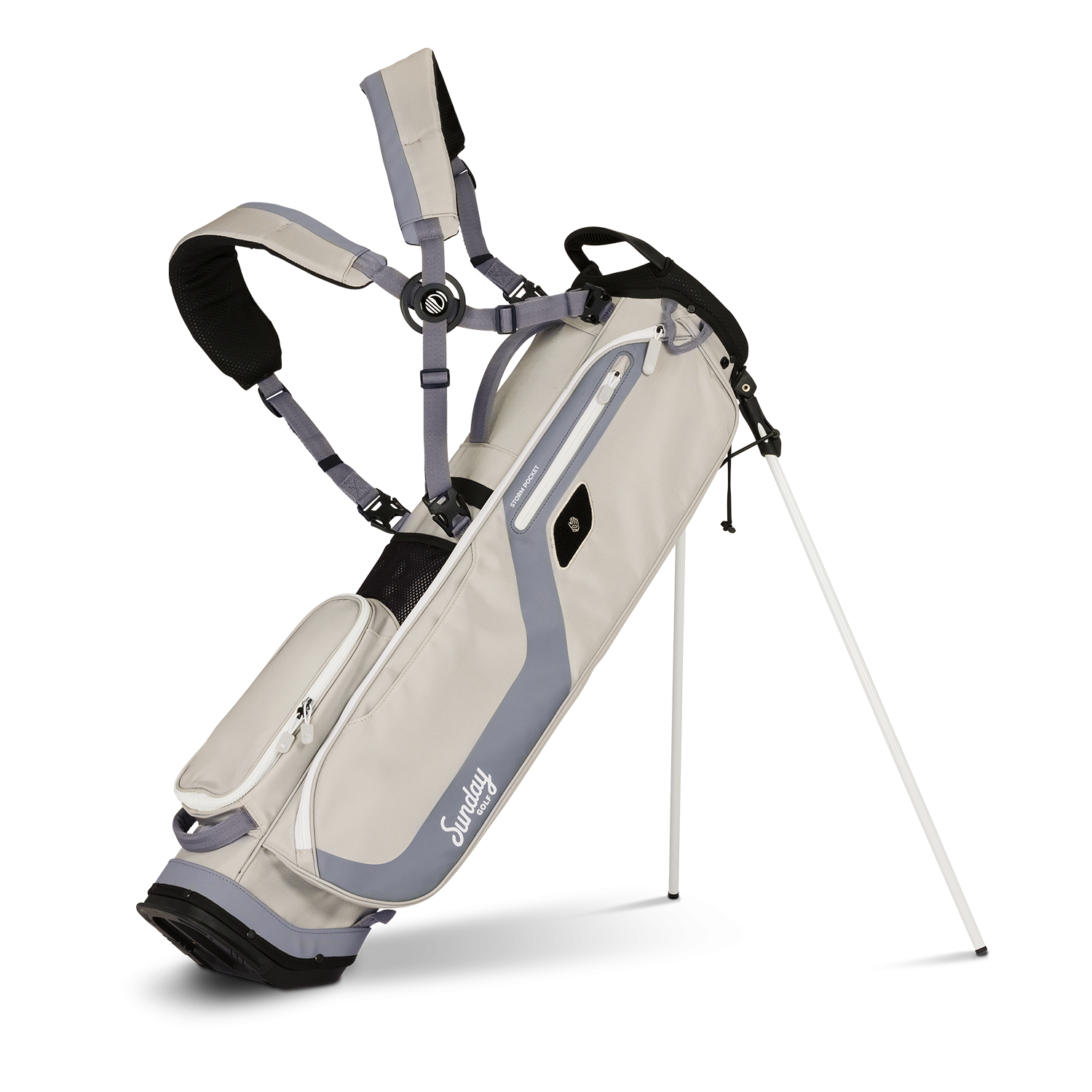 A full front shot of standing El Camino golf bag in Cool Gray with double strap
