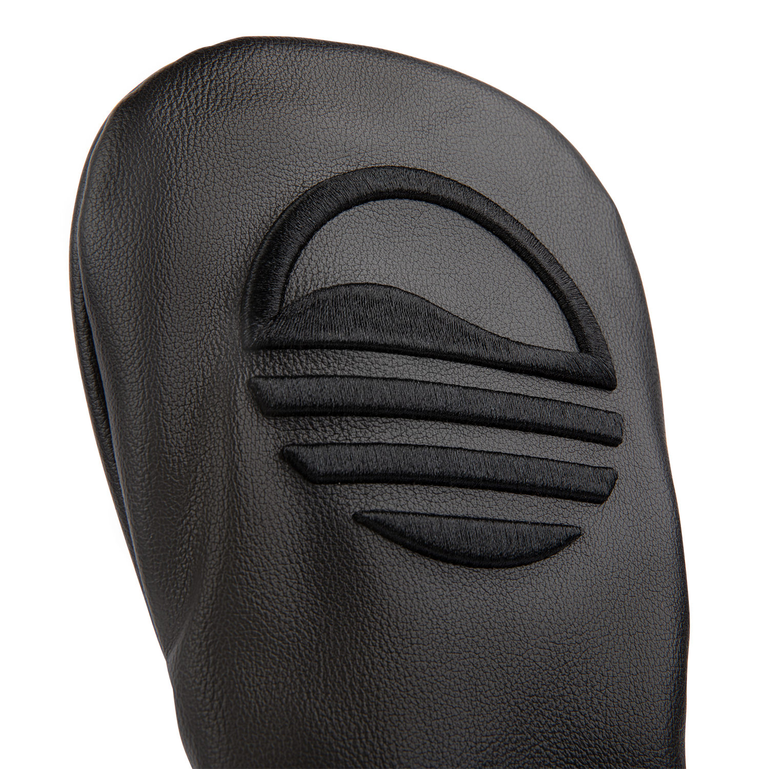 Close up shot of fairway wood golf headcover in black vegan leather showing its material and Sunday Golf logo