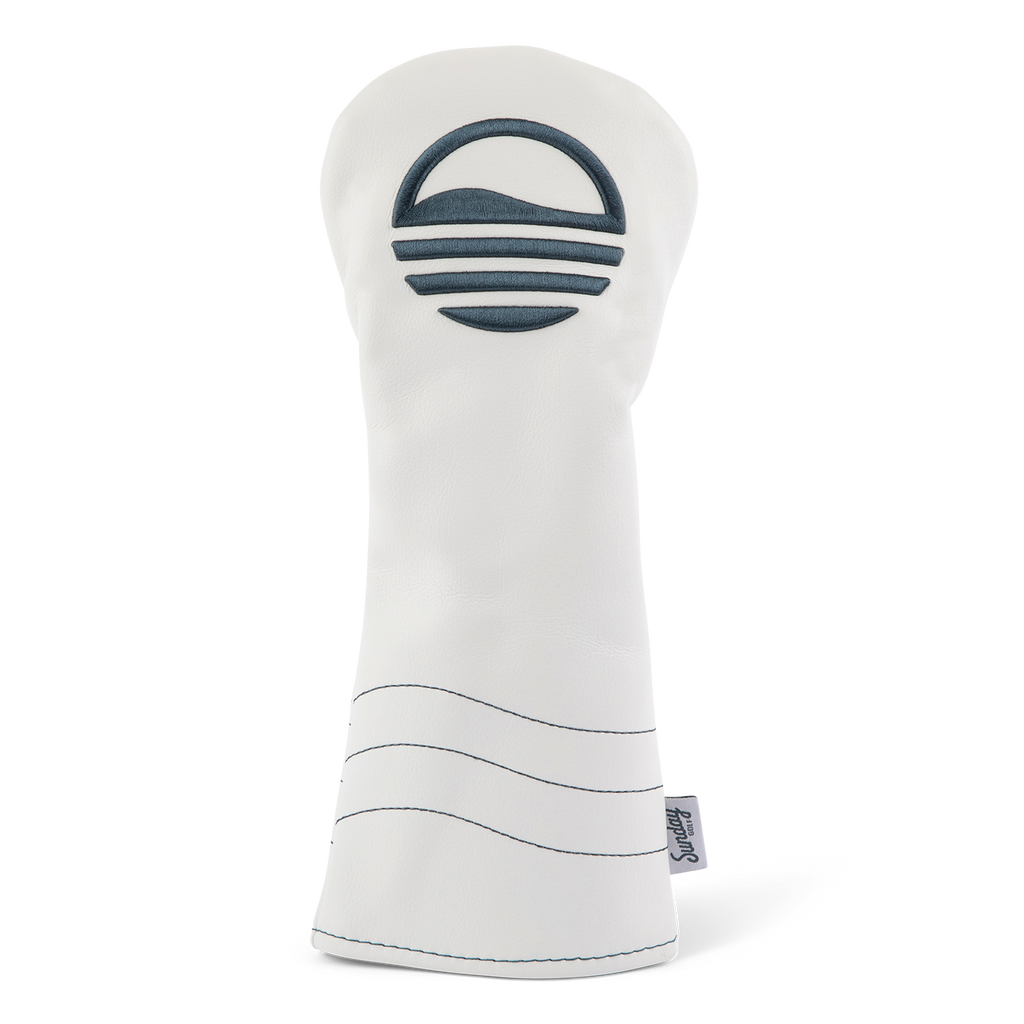 Front shot of fairway wood golf headcover in white and navy vegan leather
