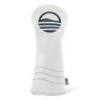 Front shot of fairway wood golf headcover in white and navy vegan leather
