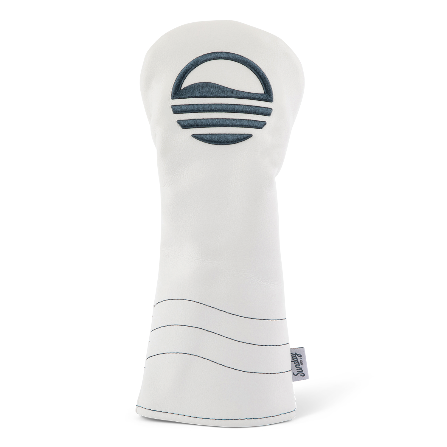 Front shot of fairway wood golf headcover in white and navy vegan leather
