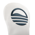 Close up shot of fairway wood golf headcover in white and navy vegan leather showing its material and Sunday Golf logo
