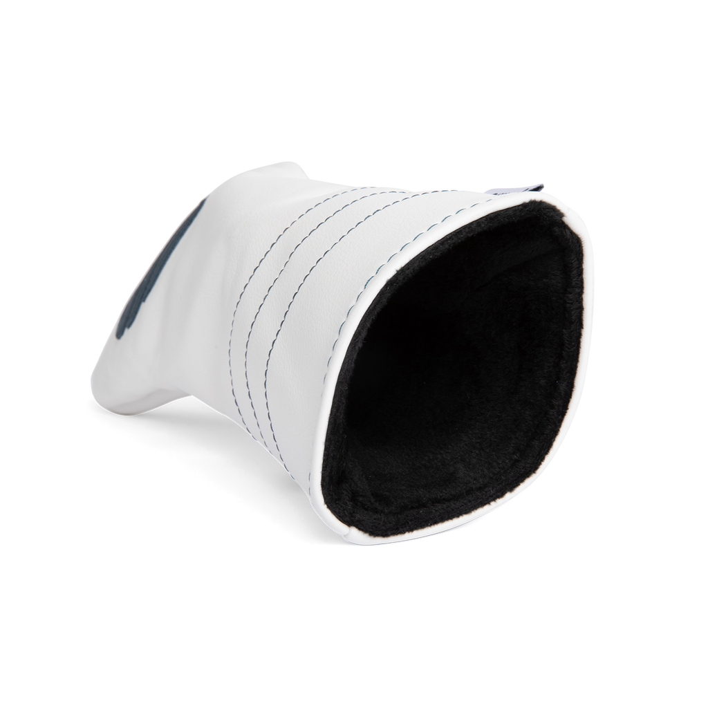 Inward shot of fairway wood golf headcover in white and navy vegan leather