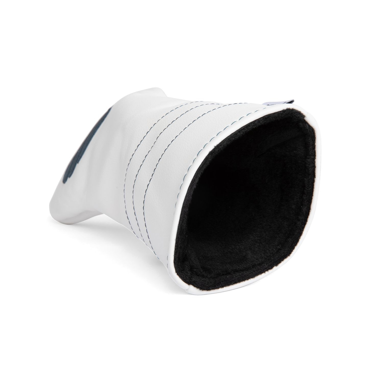 Inward shot of fairway wood golf headcover in white and navy vegan leather