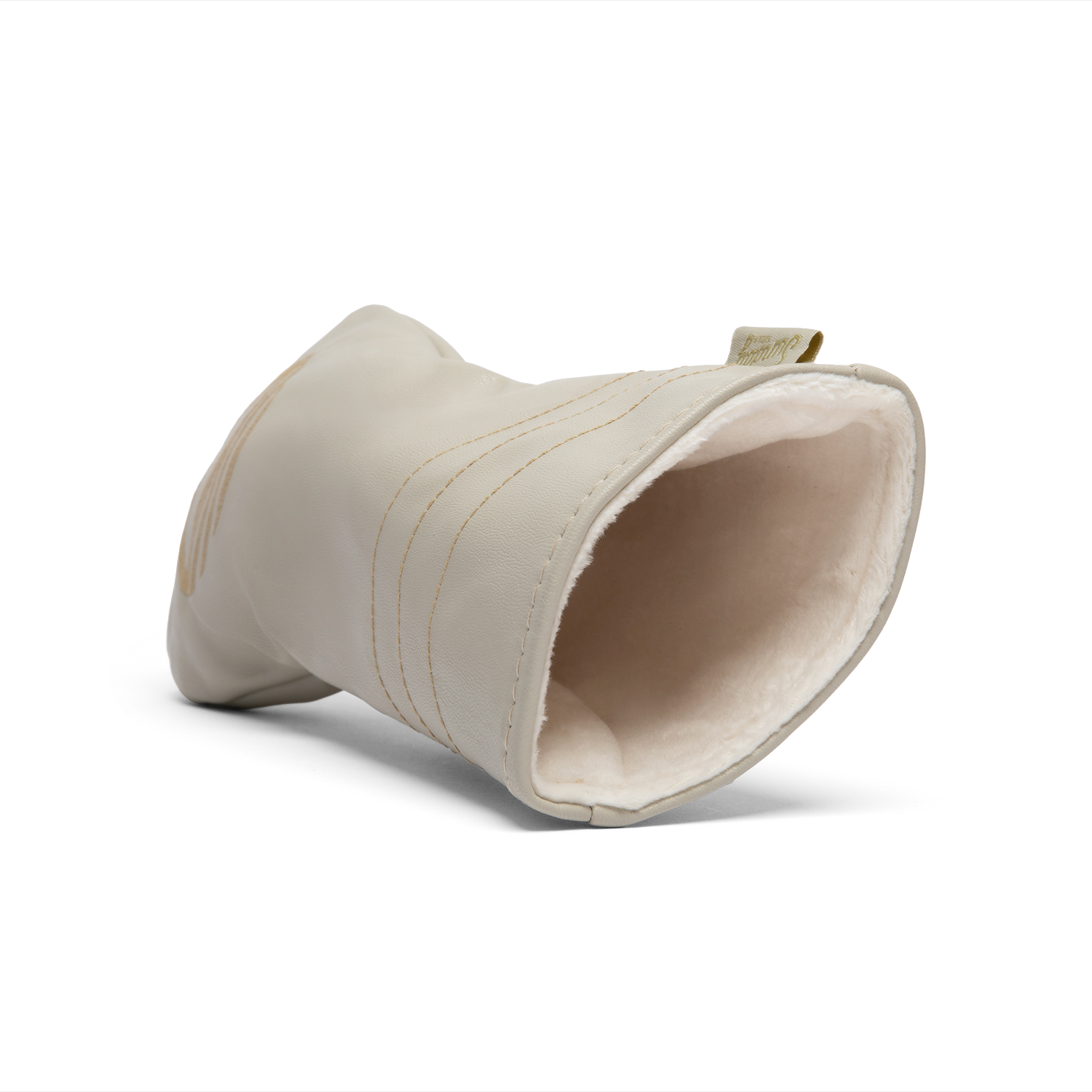 Inward shot of fairway wood golf headcover in toasted almond vegan leather