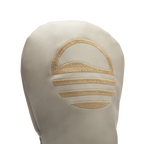 Close up shot of fairway wood golf headcover in toasted almond vegan leather showing its material and Sunday Golf logo

